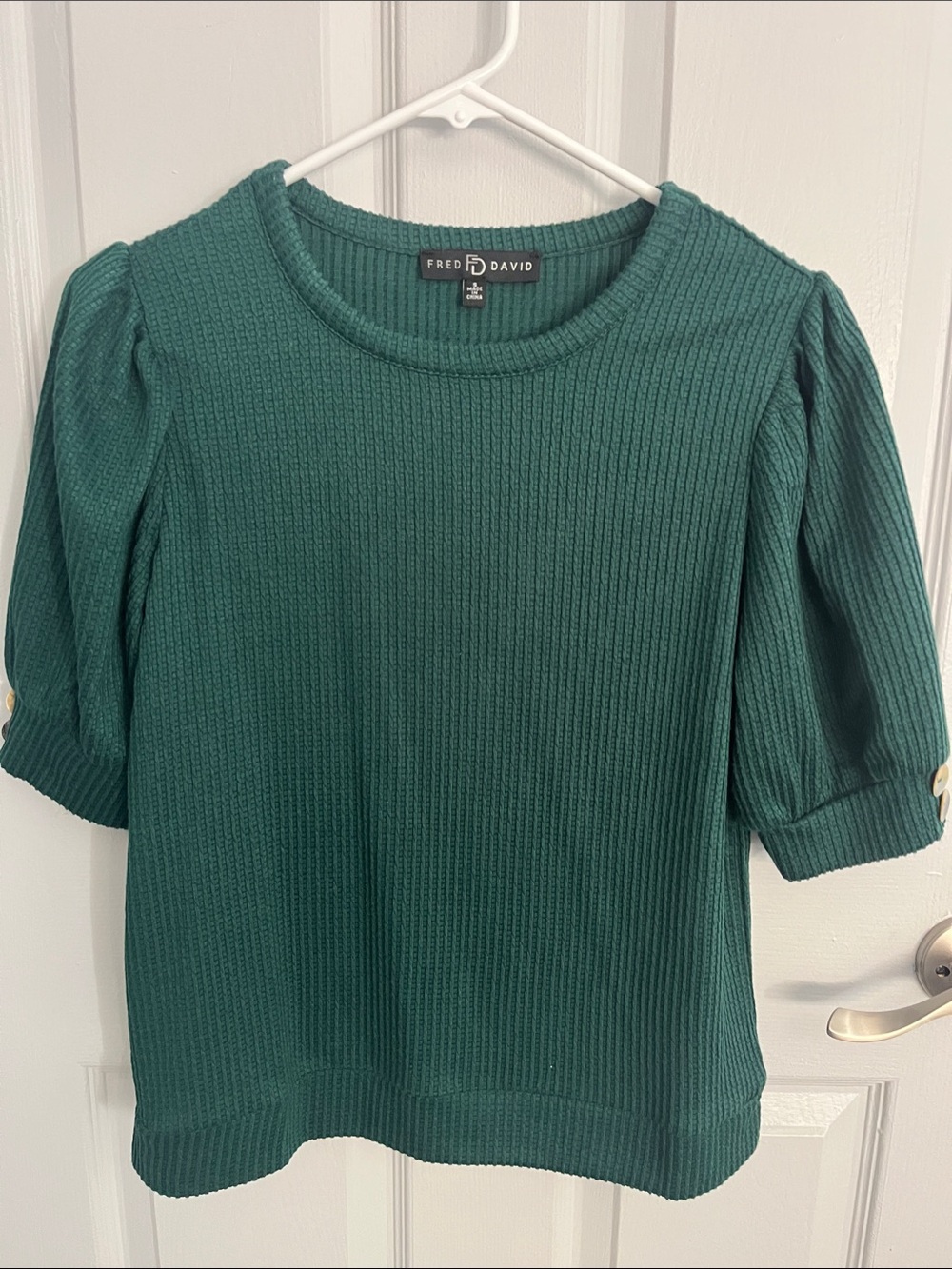 Fred David Green Ribbed Puff-Sleeve Knit Top